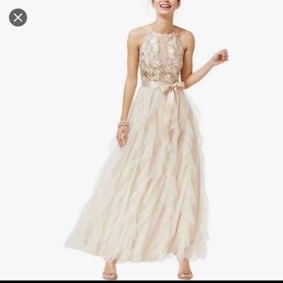 Teeze Me Dresses & Skirts - Nights by Teeze Me Champagne Floral Chiffon Tiered Ruffle Gown Size 7 Formal